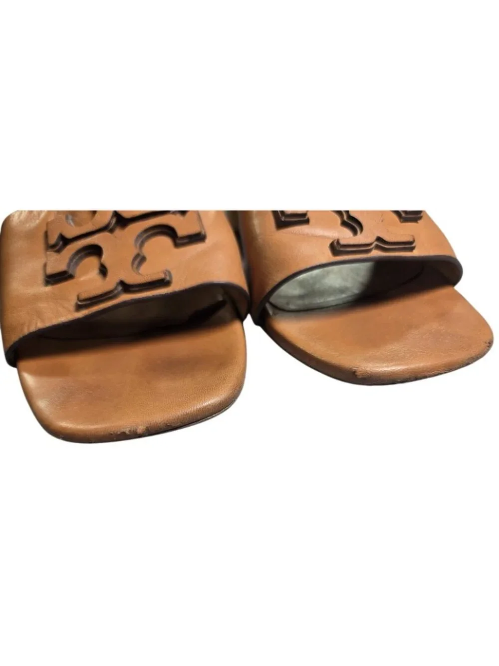 Tory Burch Ines Heeled Mules 8 Tan Shoes Stacked Logo Leather 147130 MSRP $325